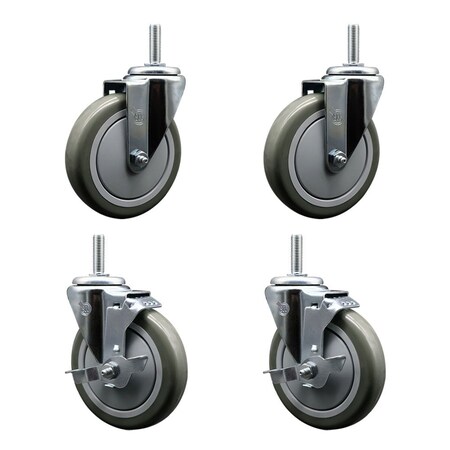 Service Caster 5 Inch Gray Polyurethane Wheel Swivel 58 Inch Threaded Stem Caster Set 2 Brakes SCC SCC-TS20S514-PPUB-58212-2-TLB-2